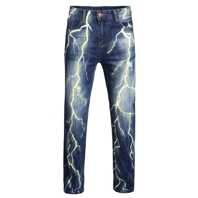 29/5000 Original European-style Personality Lightning Holes 3D Digital Printing Fashion Slim Feet Dark Blue Jeans