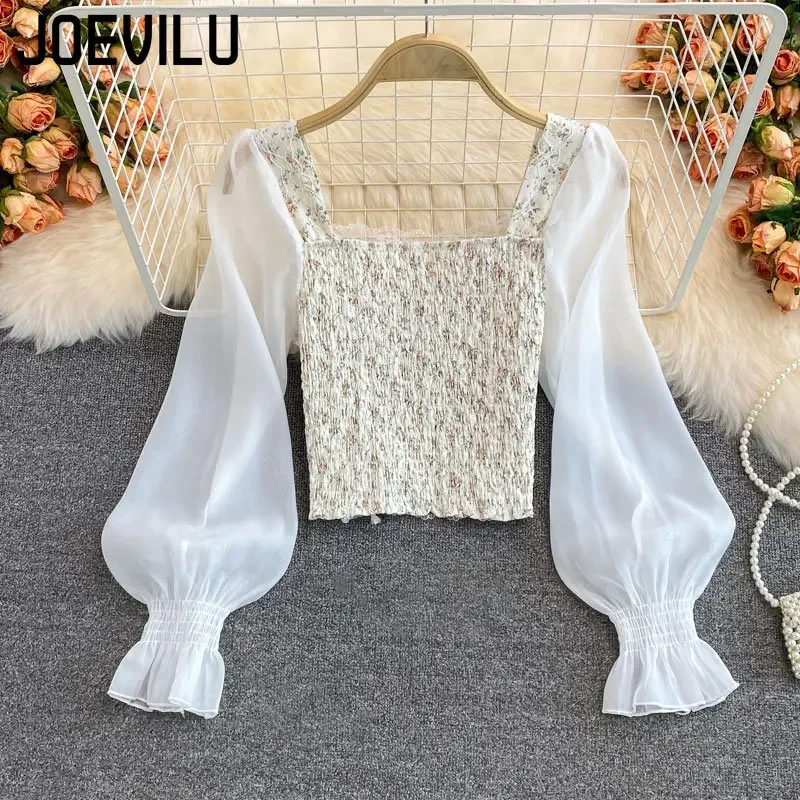 JOEVILU Floral Lace Crop Tops for Women Chic Shirt High Waist Skinny Exposed Navel T-shirt Korean Fashion Y2k Aesthetics Blouse