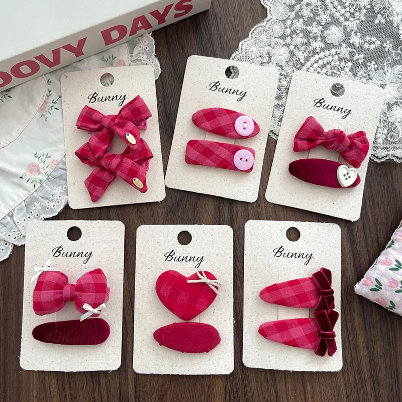 

Korean-Style Fuchsia Plaid Fabric Bow Hair Clip For Women Cute Bb Hair Accessory