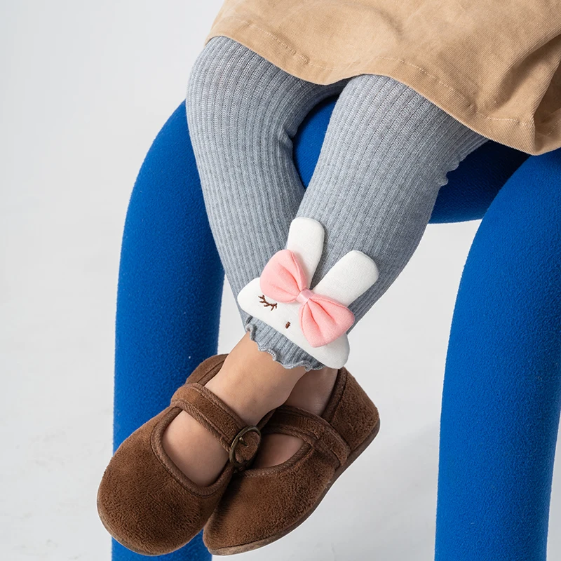Cute Kids Solid Nine Point Bottoms Pink Bow Big White Rabbit And Frill Hem Craft Skin Friendly Elastic Spring Autumn Daily Pants