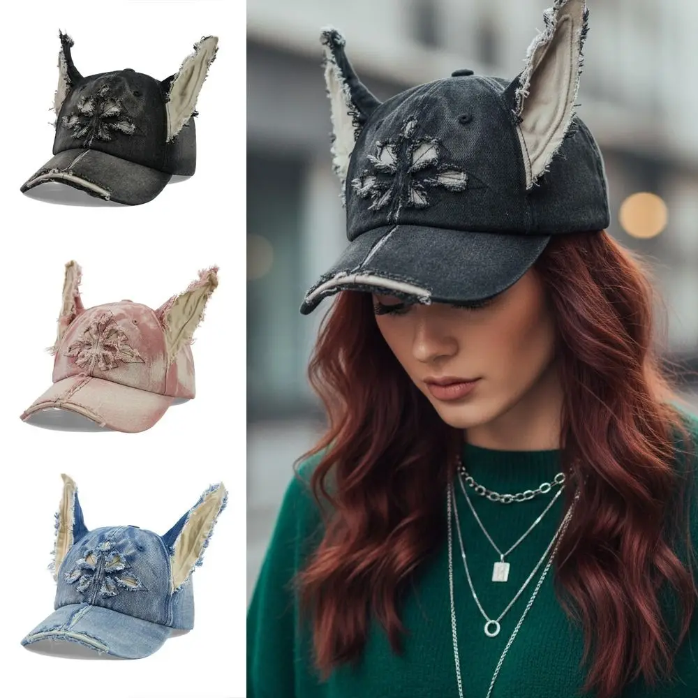 bone-de-beisebol-feminino-y2k-ajustavel-com-orelhas-de-doberman-3d-lavadas-e-desgastadas-estilo-casual-e-moderno