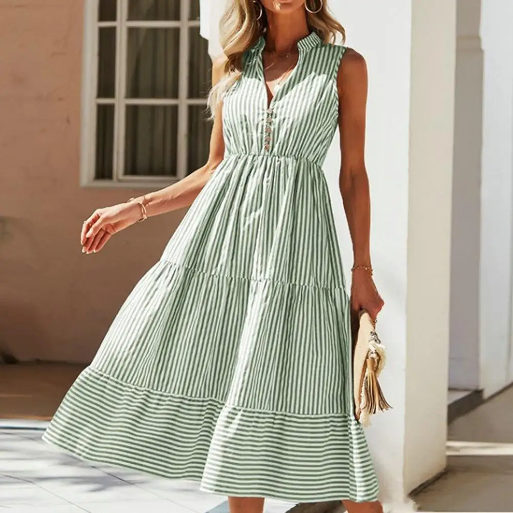 Striped Shirt Dress Women Sleeveless V-Neck Long Dresses Summer Casual Buttons A-Line Beach Holiday Dresses Female Clothing