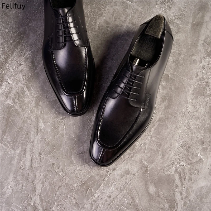 Spring New Vintage Cowhide Black Formal Shoes Men's Lace Up Business Office Shoes Italian Genuine Leather Handmade Oxford Shoes