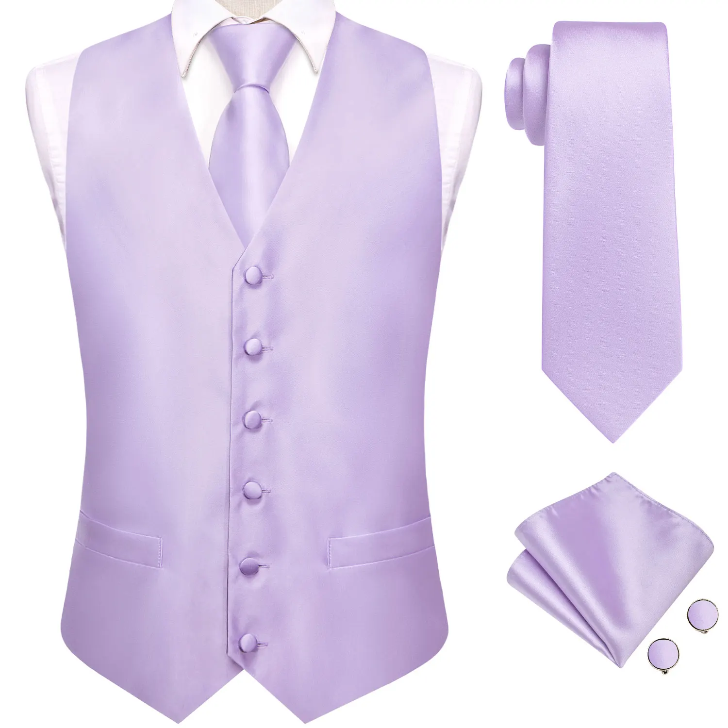 

Elegant Purple Mens Silk Vests Tie Set Wedding Solid Waistcoat Jacket Necktie Hanky Cufflinks Business Formal Party Gifts Hi-Tie