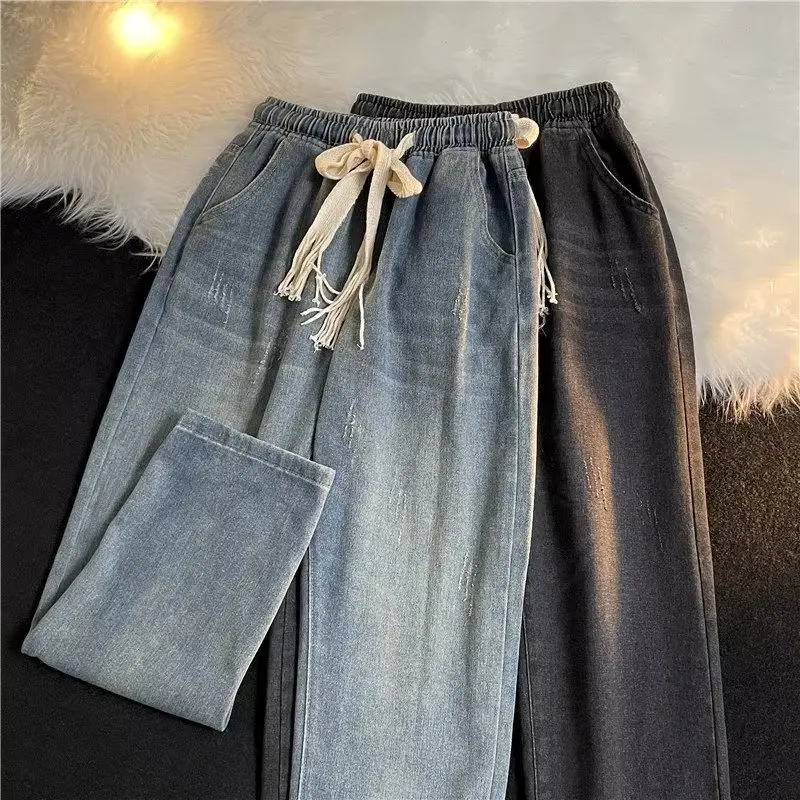 

Ретро джинсы с завязками на талии для мужчин и женщин, весенне-осенние базовые свободные прямые брюки, широкие повседневные брюки, молодежная мода