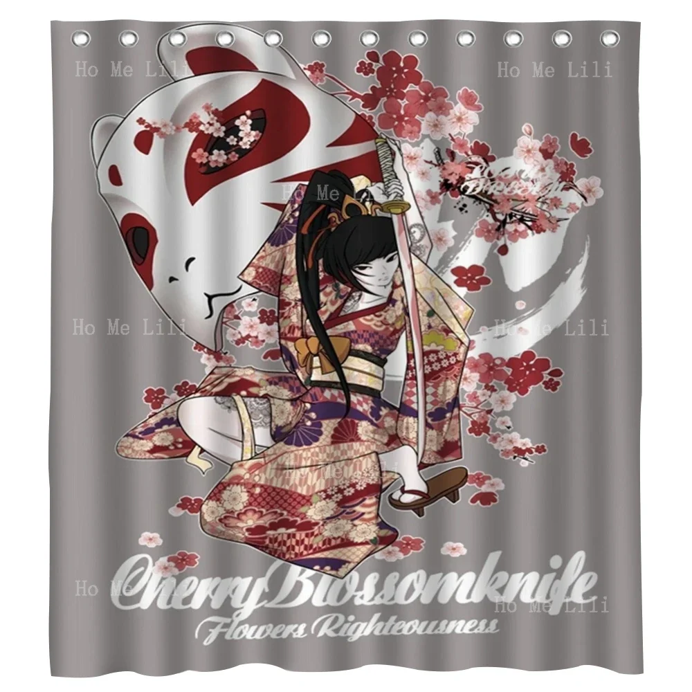 Geisha And Her Cat Mask Under Japanese Cherry Blossoms Bathroom Decoration Shower Curtain