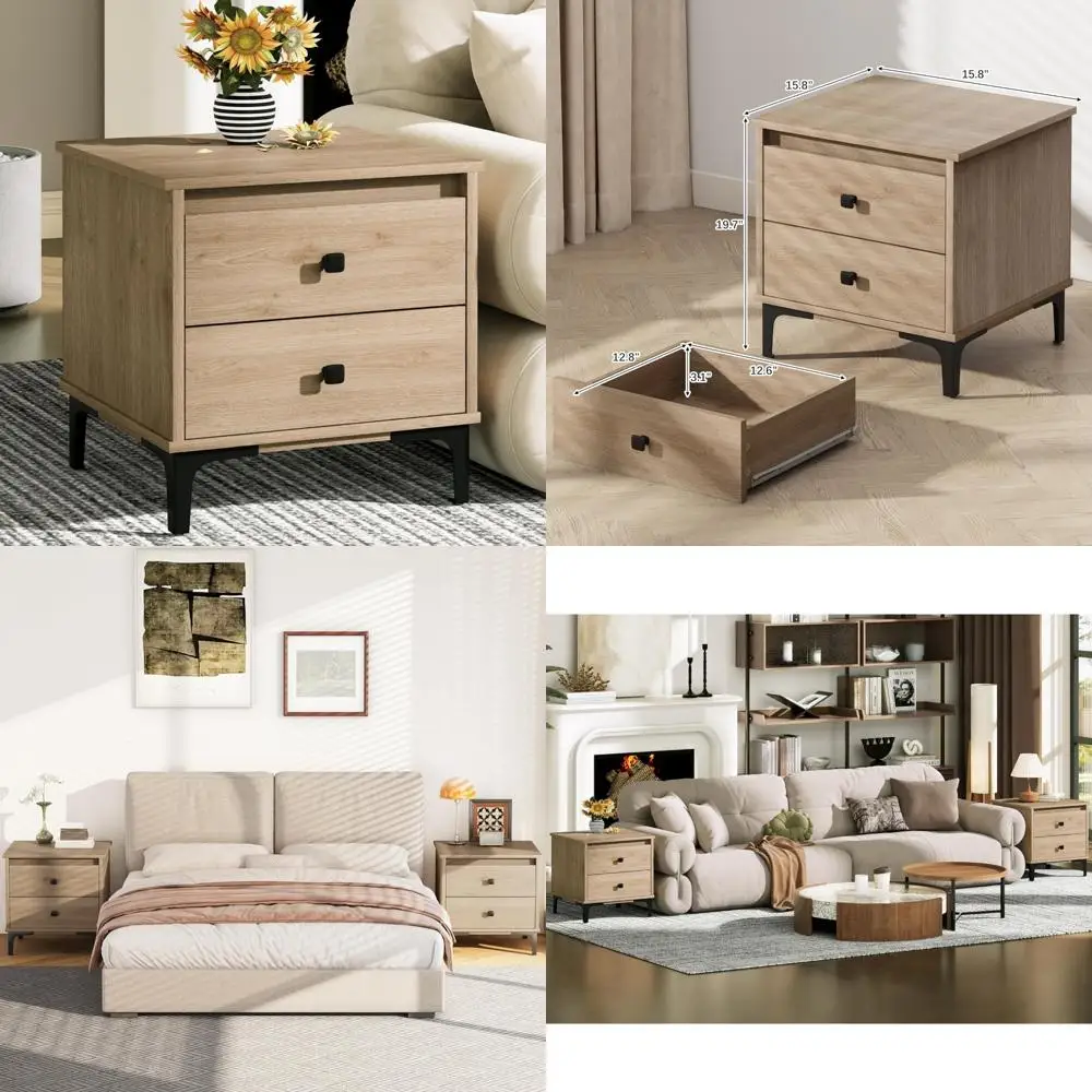 

Farmhouse Style 2-Drawer Wood Nightstand for Bedroom, Bohemian Decor Side Table with Storage for Sofa