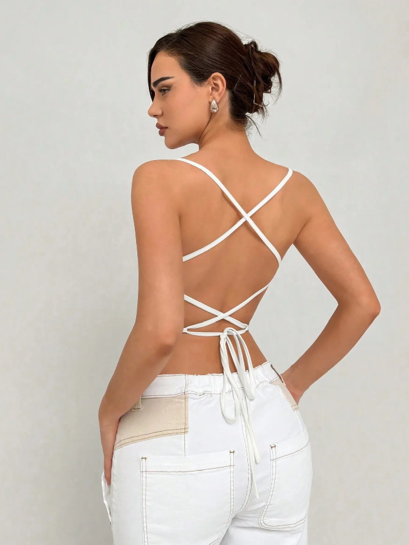 Women's White Floral Lace Camisole Sheer Mesh Crop summer tank Top Crisscross Back Tie-Up Spaghetti Strap Cami Top