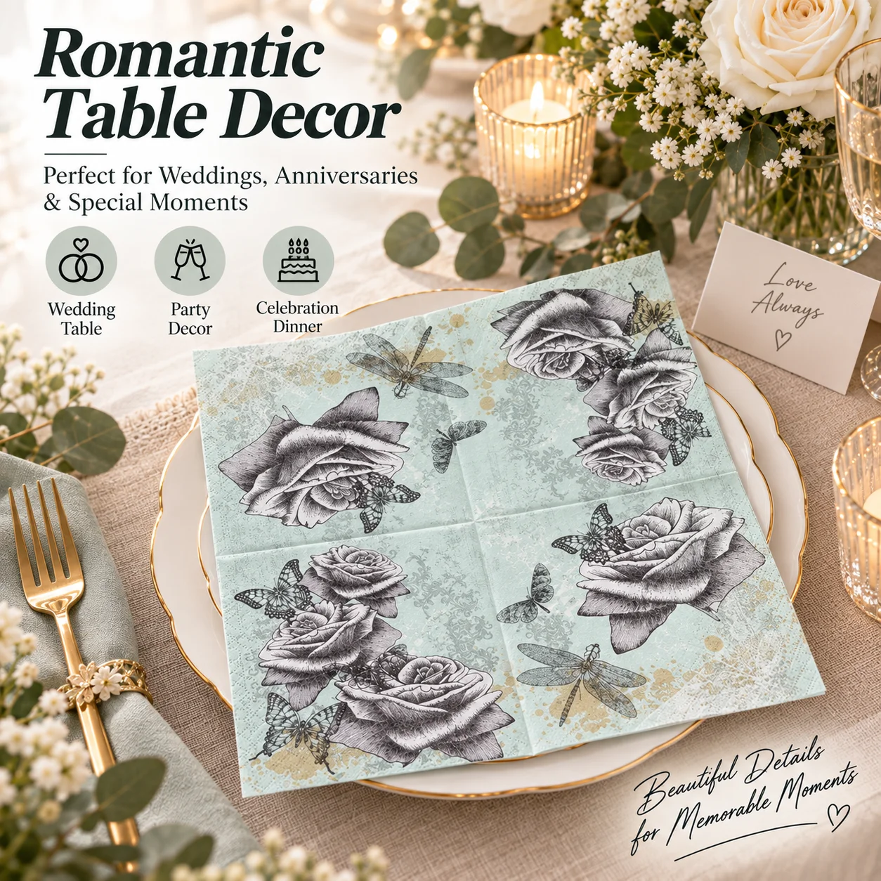 20Pcs Vintage Rose Butterfly Paper Napkins 33x33cm 2-Ply Floral Napkins for Wedding Birthday Party Table Decor