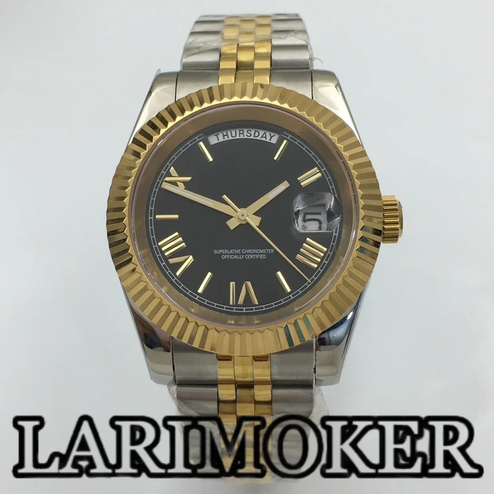 

LARIMOKER 36 мм/39 мм двухцветные золотые часы мужские MIYOTA8285 механизм рифленый безель сапфировое стекло черный циферблат водонепроницаемые часы с датой