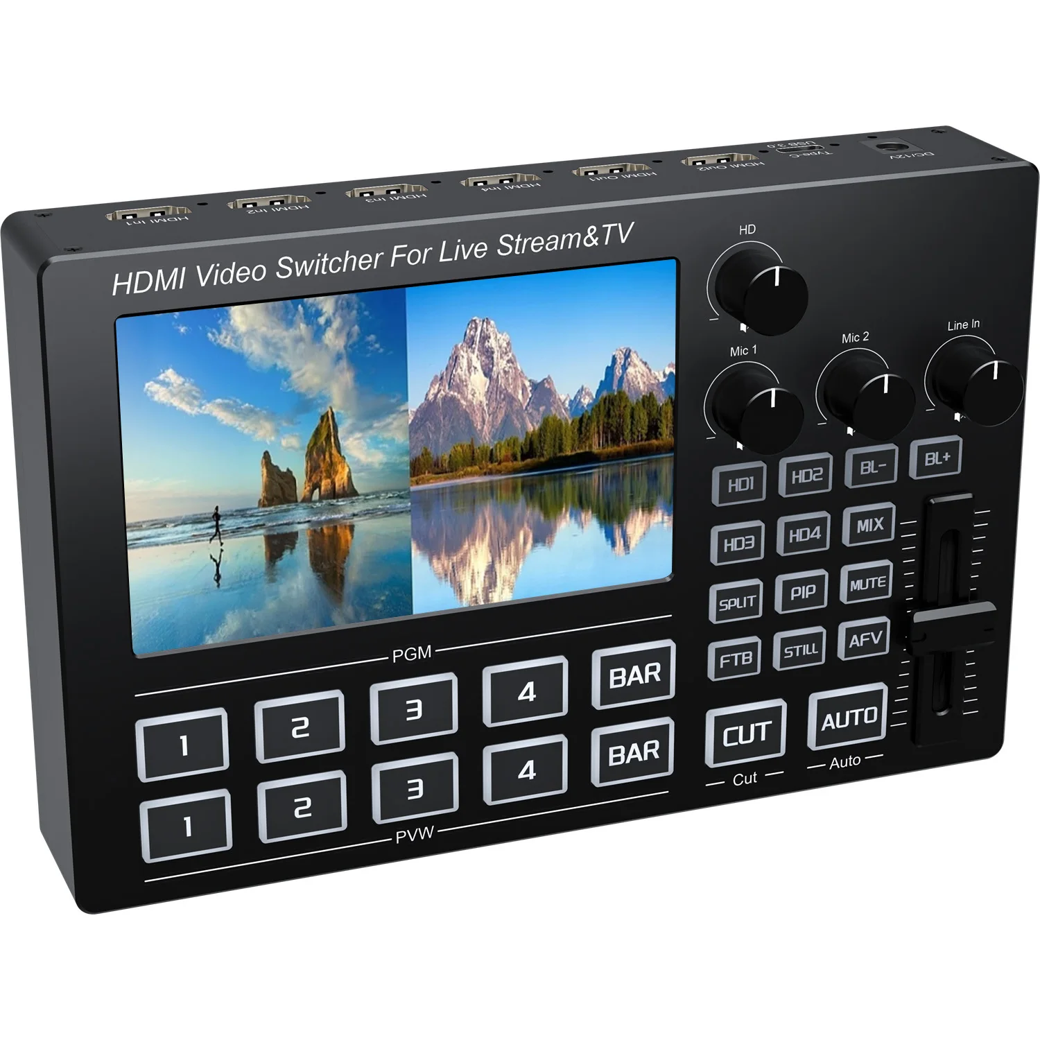 1080p 60Hz 4 Channel HDMI Video Switcher with Screen Mic Line in Mixing Audio for Camera Live Streaming Video Capture Recording