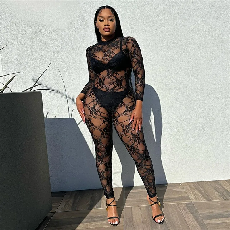 

Women Sexy Club Lace See Through Skinny Jumpsuit O-neck Long Sleeve High Waist Bodycon Spicy Girl Rompers Streetwear Outfits