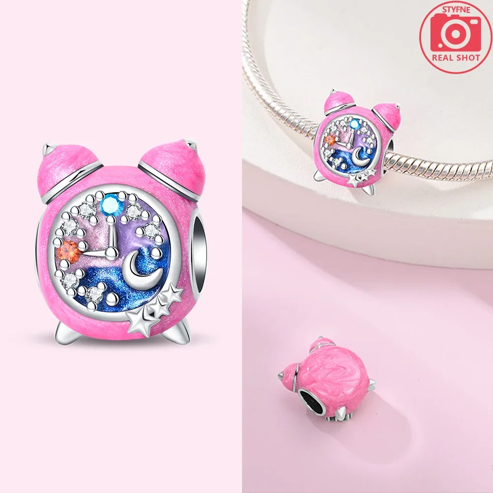 Original 925 Silver Plated Pink Charms Lipstick Perfume Heart Clock Handbag Zircon Beads Fit Bracelet Jewelry Gifts for Women