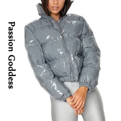 Vestes matelassées en cuir PU pour femmes, Parkas à bulles brillantes, Veste bouffante à fermeture éclair, Gris brillant, Hiver