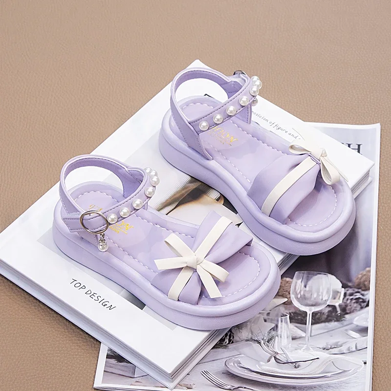 Girls Beading Sandals Princess Sweet Fashion 2024 Summer Brand New Soft Children Beach Shoes Kids Flat Sandals Bow-knot Pendant