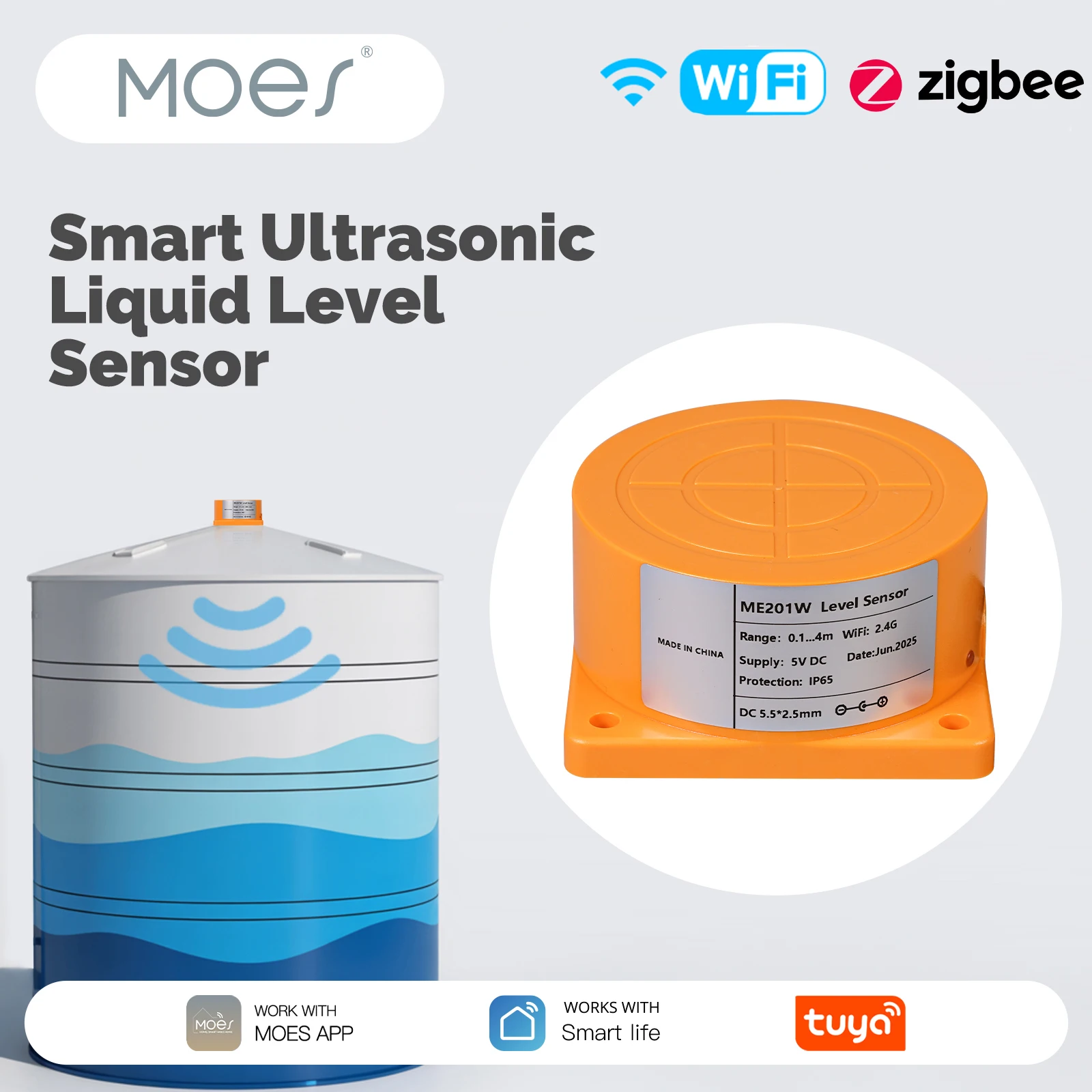 ​​MOES WiFi/ZigBee Ultrasonic Water Level Detector - Smart Tank Monitor with Real-Time Alarms, Tuya APP Remote Control