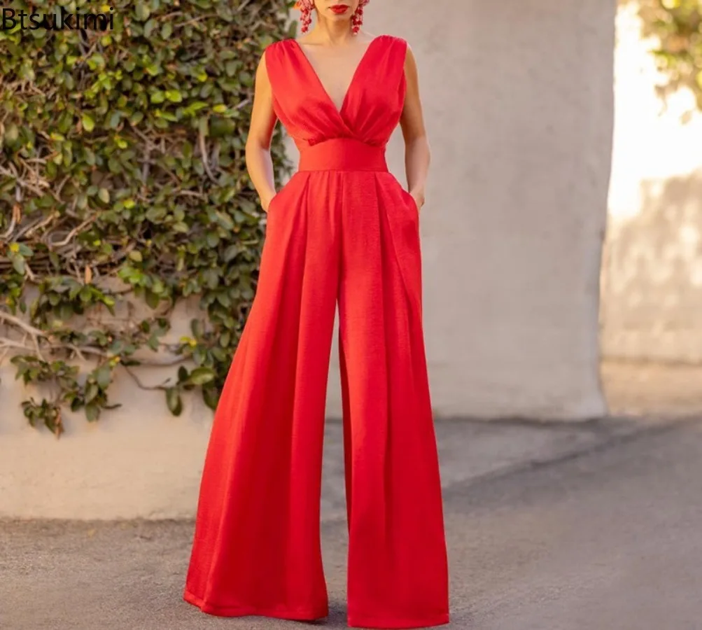 2026 Women's Elegant Jumpsuits Summer Sexy Deep V Slim High Waist Jumpsuits Fashion Sleeveless Wide Leg Rompers Female Overalls