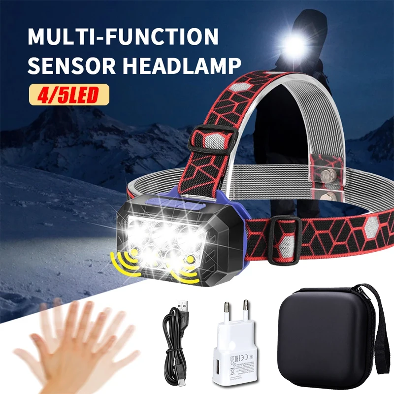 

Супер яркий светодиодный перезаряжаемый индукционный налобный фонарь со встроенным аккумулятором 18650, уличный фонарик с 5 режимами, фара для кемпинга и рыбалки