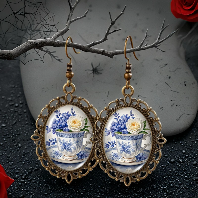 Blue and white porcelain Tea Cup and Rose Painted Picture Oval Glass Cabochon Flower Shaped Fish Hook Earrings Handmade Gifts