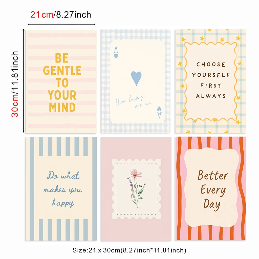 Set of 6 Flowers Self Love Gentle Mind Happy Quote Heart Positive Wellness Modern Flower Canvas Poster Wall Art Prints Home