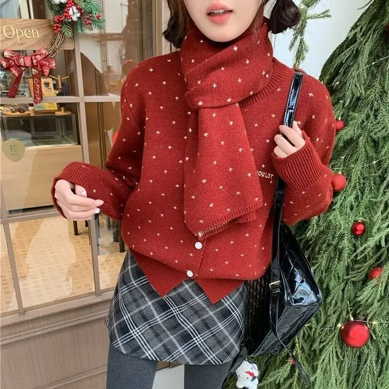 عيد الميلاد نمط نجمة جولة الرقبة محبوك سترة قطعتين مجموعة الرجعية الأمريكية لطيف وشاح سترة معطف للنساء الخريف الشتاء