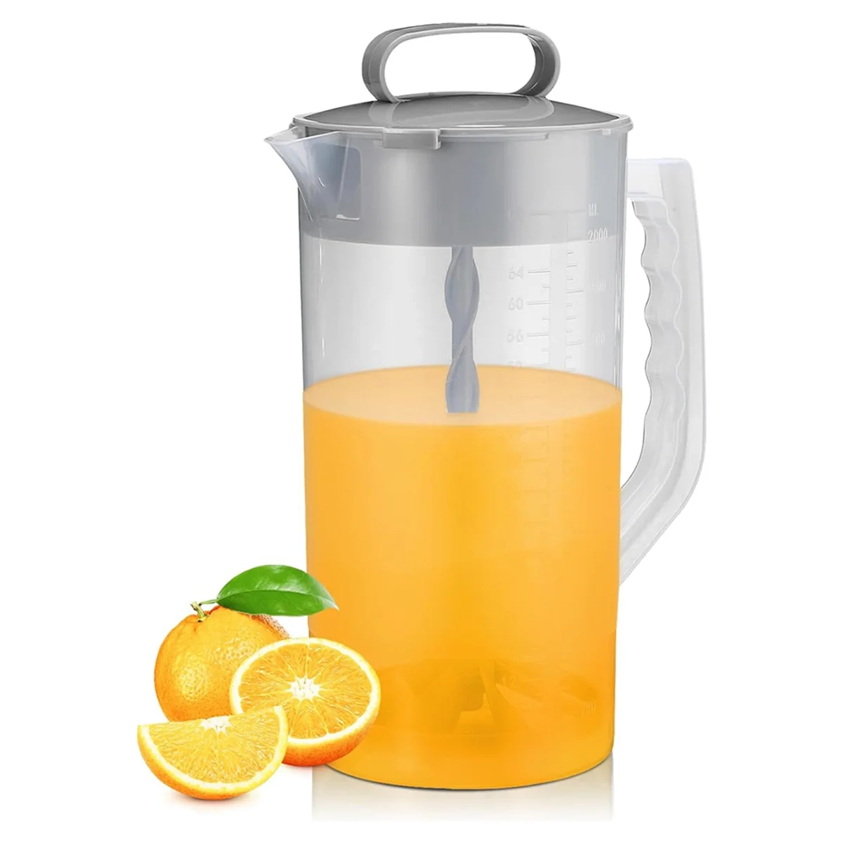 

Mixing Pitcher for Drinks, 2 Quart/ 64Oz Plastic Water Pitcher with Lid, Angled Blades and Adjustable Mixer Plunger