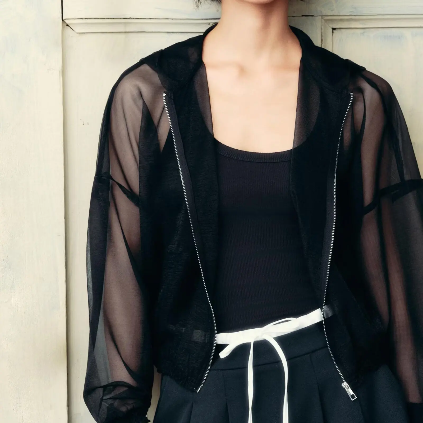 

New Autumn 2025 Women's Loose Fit Hooded Jaet Bla Zipper Transparent Outerwear Casual Sle Long Sve Breathable Skin-F...