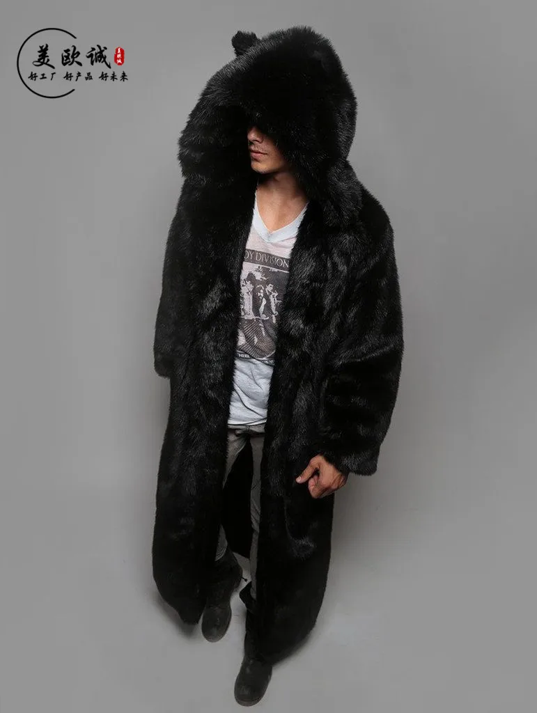 ชายเสื้อขนสัตว์ฤดูหนาวยาว Hooded Ear Faux Fur Coat สำหรับคนรัก