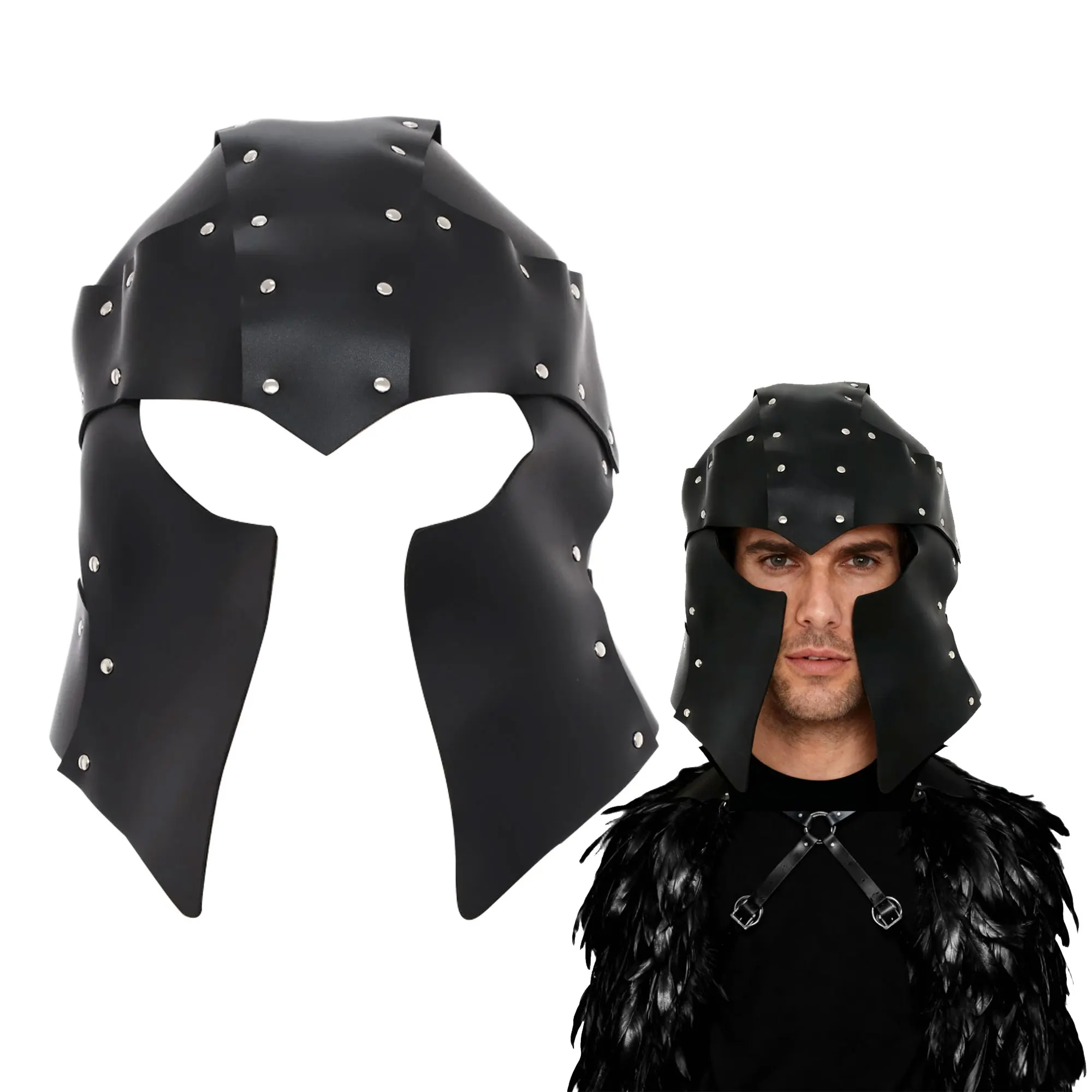 Medieval Knight Templar Crusader Helmet Halloween Pirate Warrior Leather Mask Hat Soldier Cosplay Costume Feather Strap Shawls