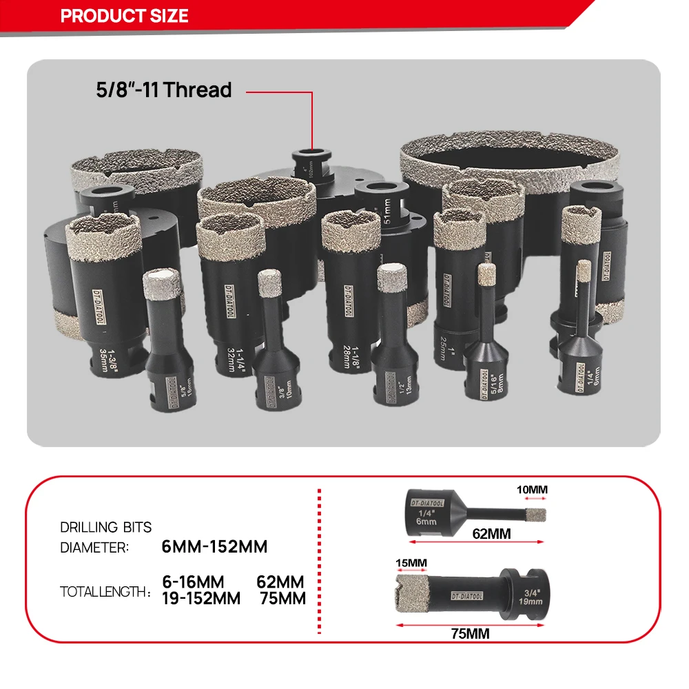DT-Diatool-Diamond Drilling Bits, Thread Drill, Core Bits for Porcelain Tile, Granite Marble Stone, Hole Saw, 5/8-11, 1Pc