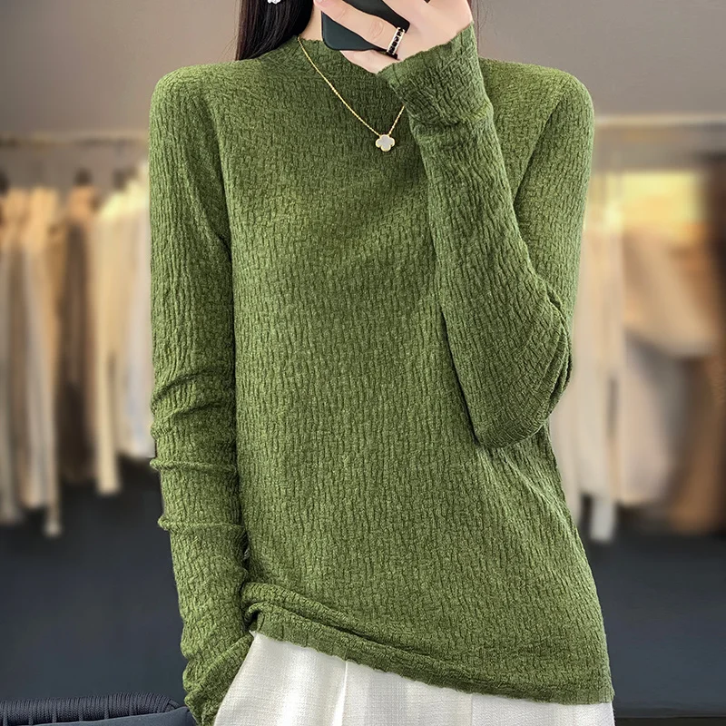 Women 100% Merino Wool Soft Sweater Half-high Collar Wrinkle Pullover Autumn Winter Female Loose Casual Knit Cashmere Basis Top