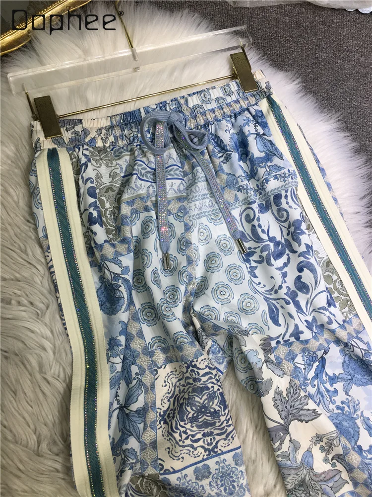 

European Heavy Industry Hot Diamond Trousers Women Summer Thin Fashion Versatile Elastic Waist Trousers High Waist Trousers