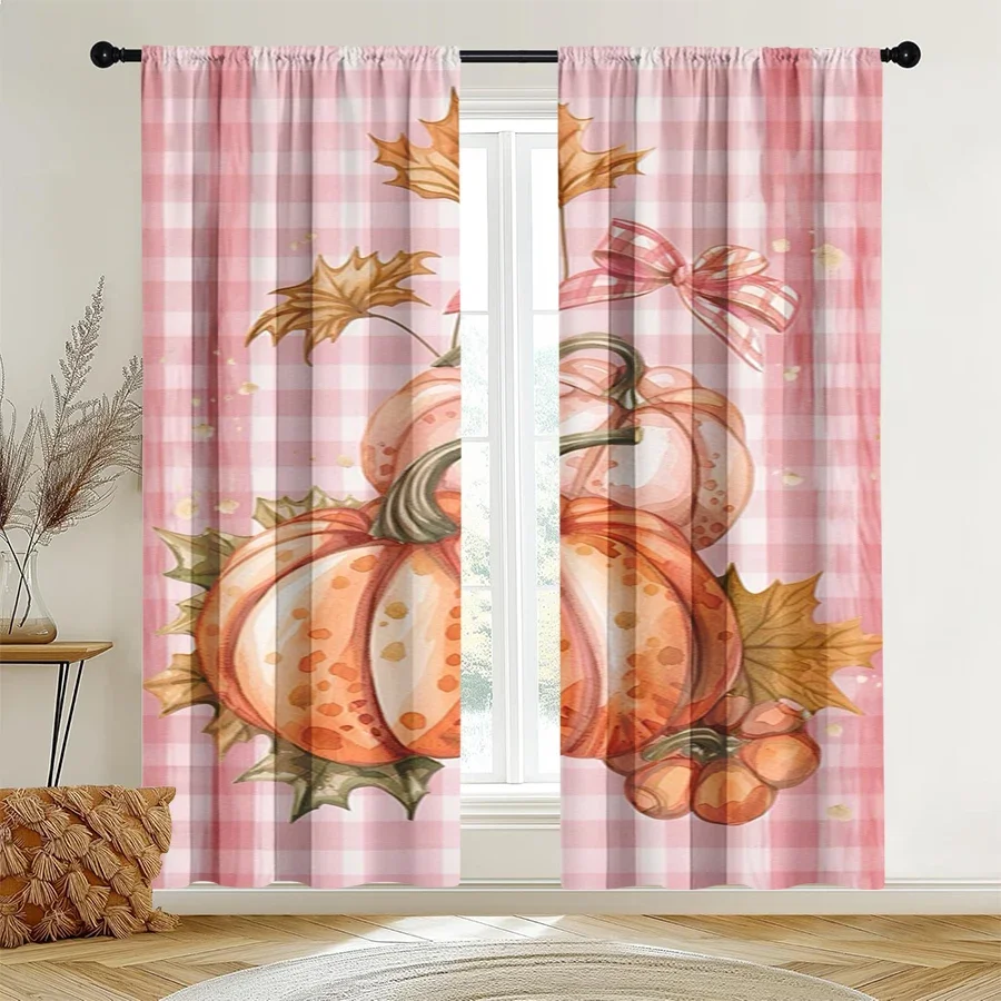 Autumn Pumpkin Fall Harvest Window Curtains Pink Plaid Seasonal Decor for Nursery Bedroom Home Accent