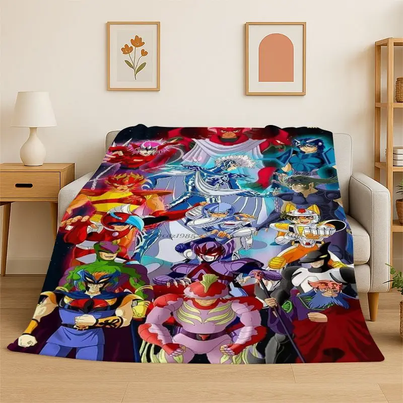 Retro Saint Seiya Anime Cartoon Flannel Blanket Soft Warm Throw Blanket for Bedroom Living Room Bed Travel Camping Picnic Gift