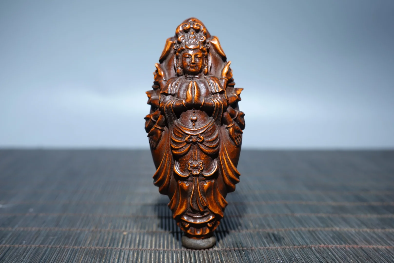 3”Tibetan Temple Collection Old Boxwood 1000 Guanyin Bodhisattva Buddha Amitabha Thousand Handed Avalokitesvara Town house