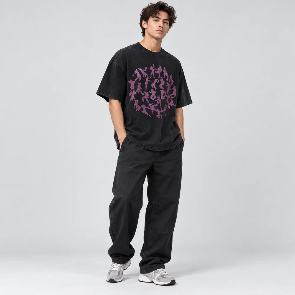 Unisex Washed Black Rhinestone Graphic T-Shirt Relaxed Short Sleeve Cotton Hip Hop Streetwear