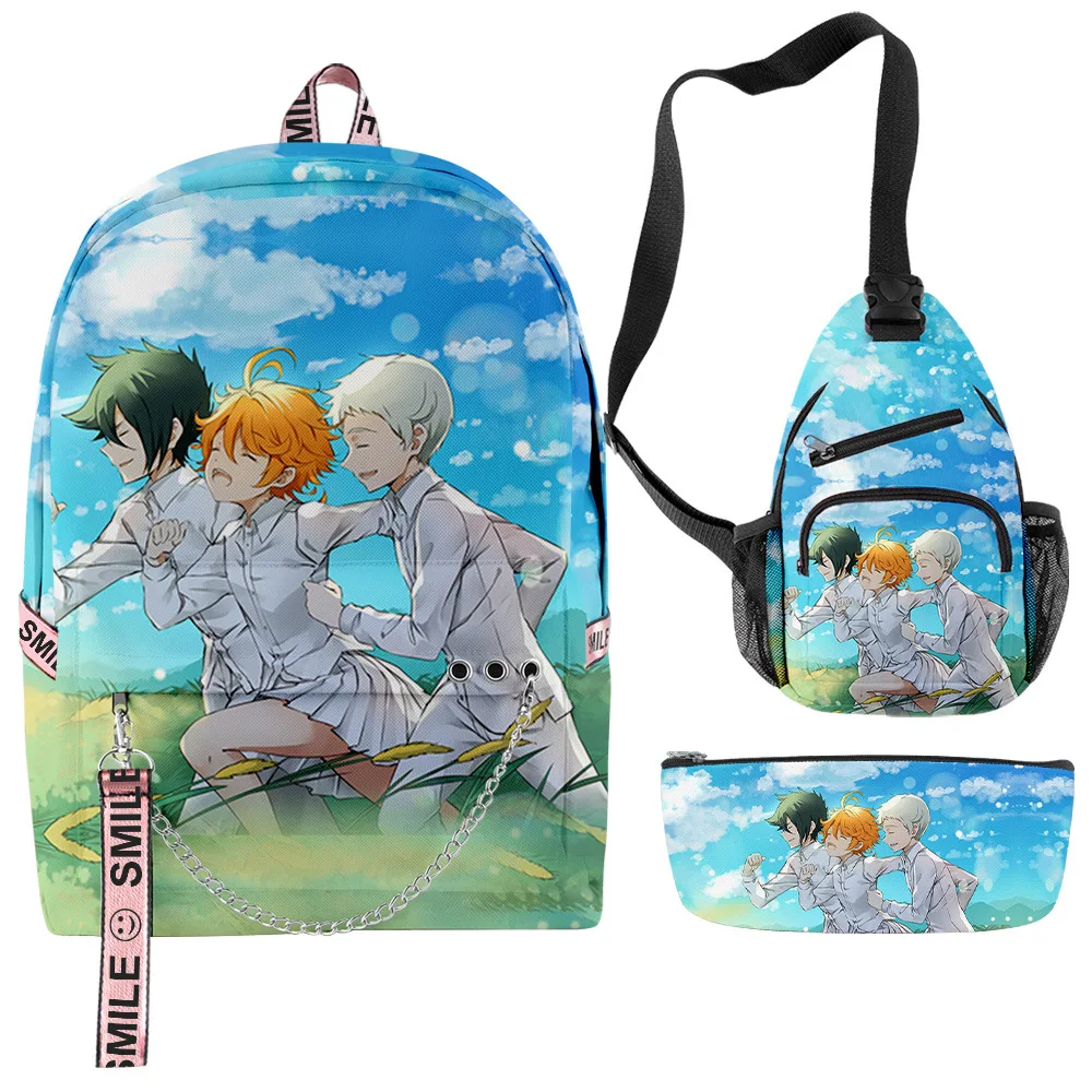 Harajuku Novelty Anime The Promised Neverland 3D Print 3pcs/Set School Bags multifunction Travel Backpack Chest Bag Pencil Case