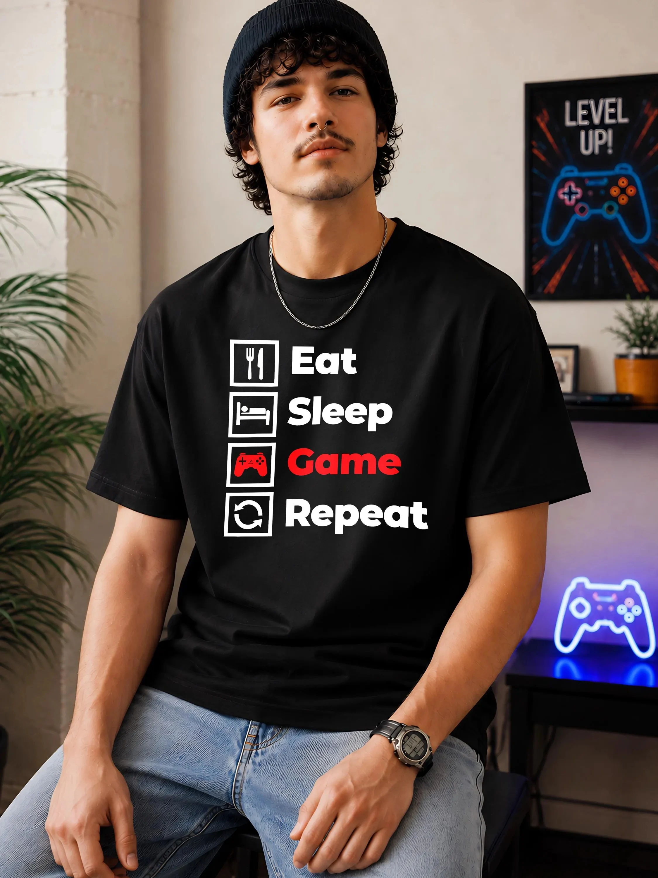 Gaming T-Shirt – Eat Sleep Game Repeat Organic Cotton Unisex Gamer Tee High-quality Fashionable Trendy Casual and Comfortable