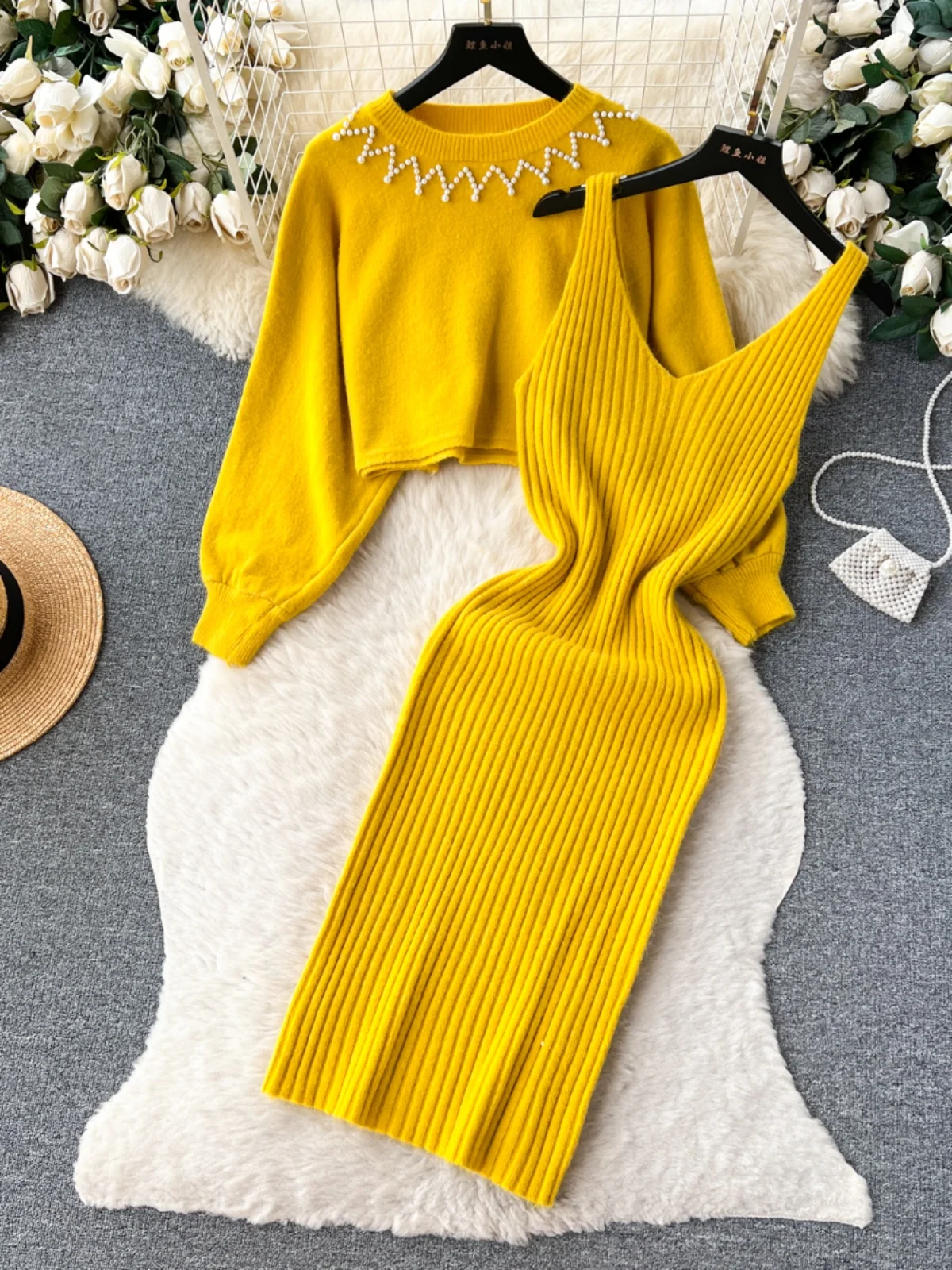 Autumn and Winter French Light Luxury Sense of Luxury Loose Knitted Crew Neck Top + Slip Dress 2-piece Suit Women