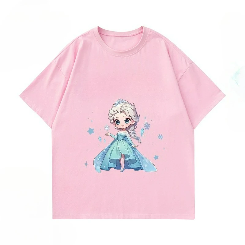 ديزني الأميرة إلسا الأطفال قصيرة الأكمام المرأة الصيف دعوى 2025 المرأة الجديدة عالية الجودة لطيف الرياح تي شيرتات قصيرة الاكمام