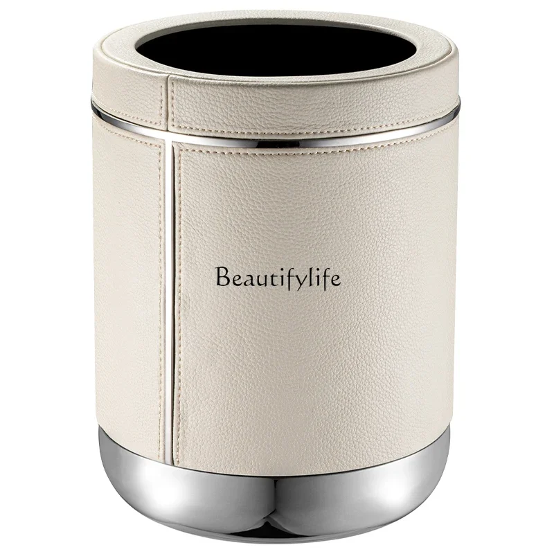 

Stainless steel leather household trash can living room office ornament cylinder high value light luxury