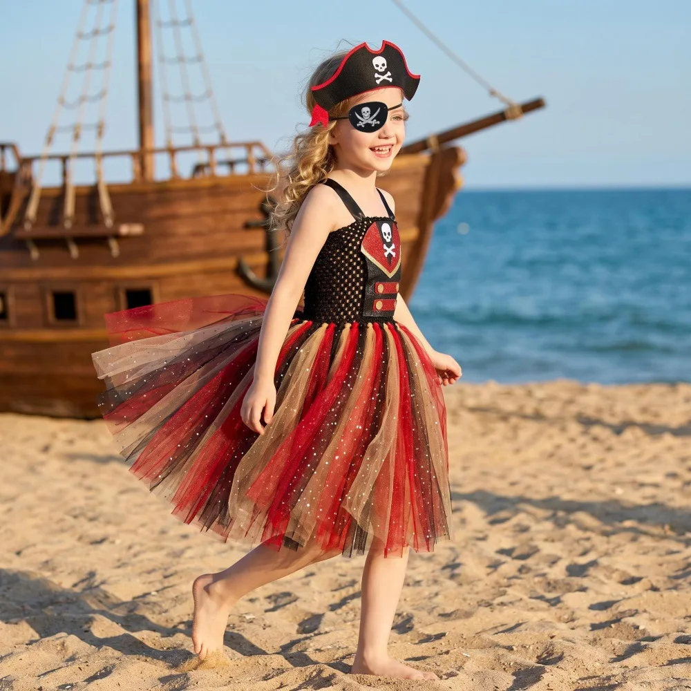 Halloween Role Play Pirate Mesh Tulle Tutu Dress With Accessory Stage Show Outfit Holiday Party Fancy Birthday Carnival Clothing