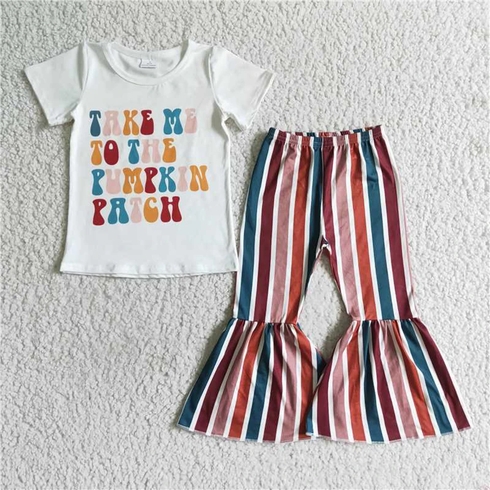 Wholesale prices Fashion children's boutique clothing girls short sleeve top and trousers cartoon print