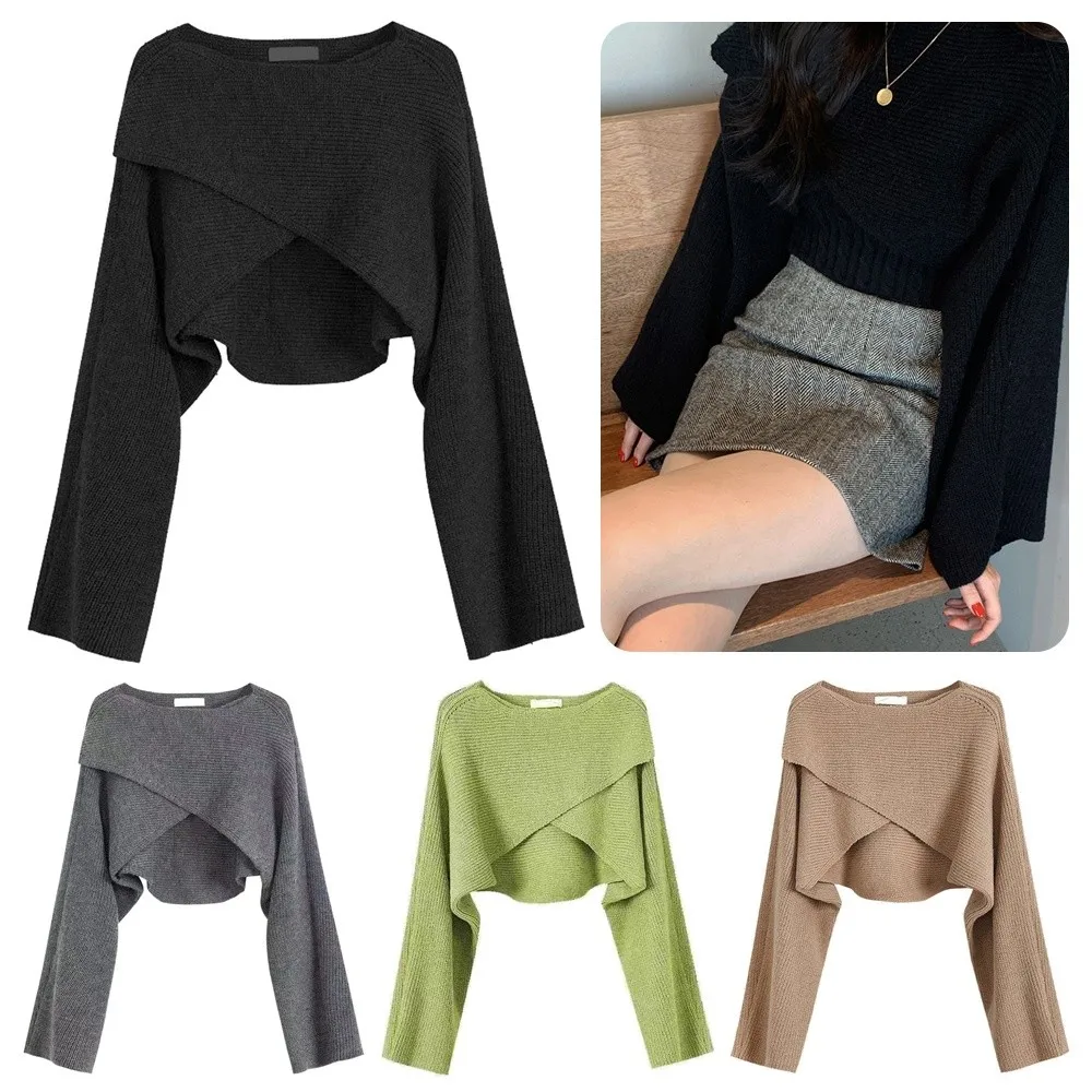 

Casual Versatile Knitted Cropped Sweater Elegant Korean Style Long Sleeve Pullovers Short Soft Cross Irregular Sweater For Women