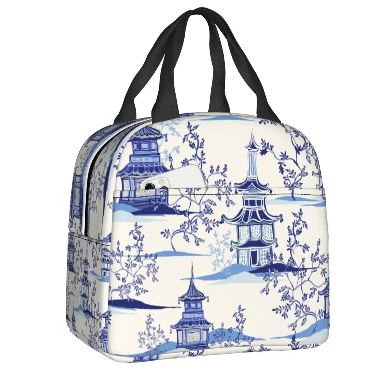 Chinoiserie Tea House Vintage Art Insulated Lunch Bags Women Delft Blue Lunch Container for Kids School Children Food Box