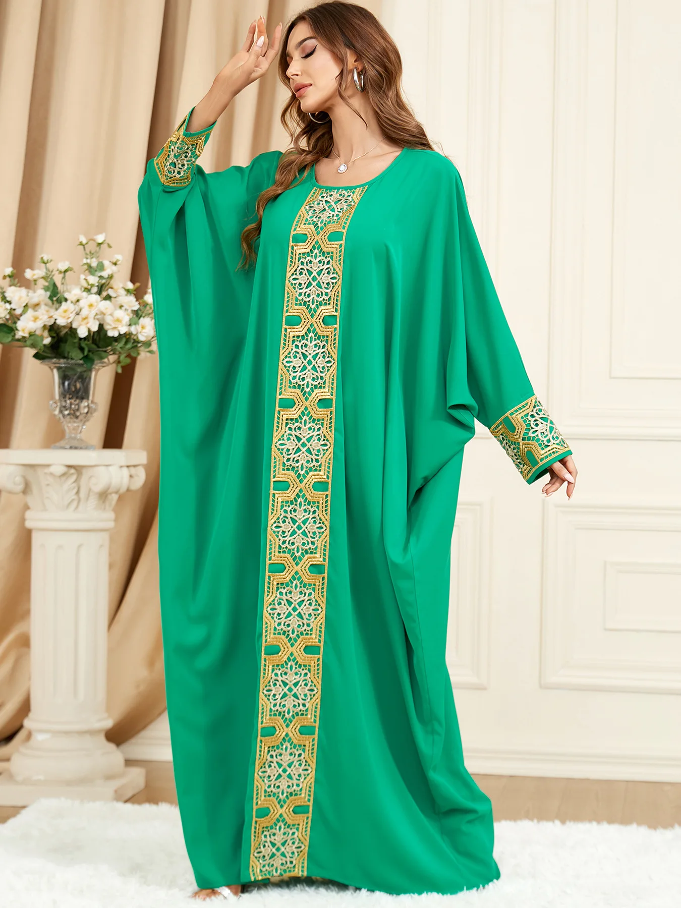 Solid O-Neck Muslim Dresses Women Spring Summer Batwing Sleeve Loose Casual Long Dress Comfortable Elegant Female Clothes