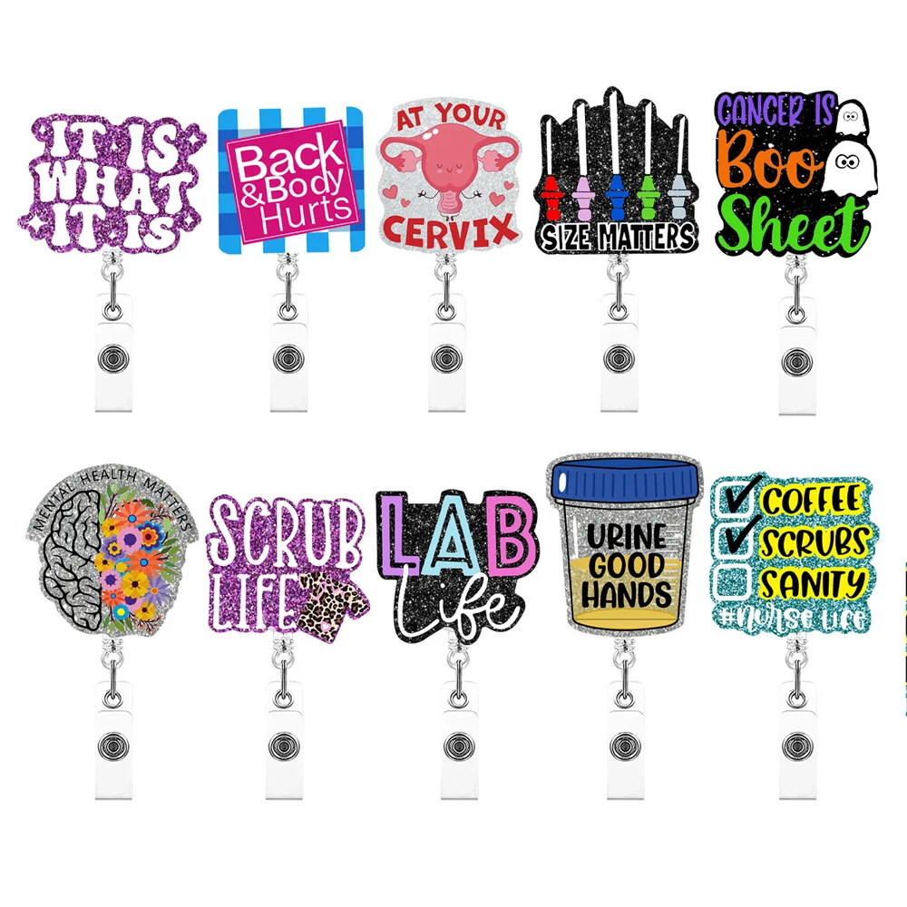 1Pcs Glitter Acrílico Enfermeira Badge Reel Retrátil ID Badge Holder Com 360 Rotating Jacaré Clipe Nome Titular Medicina Suprimentos