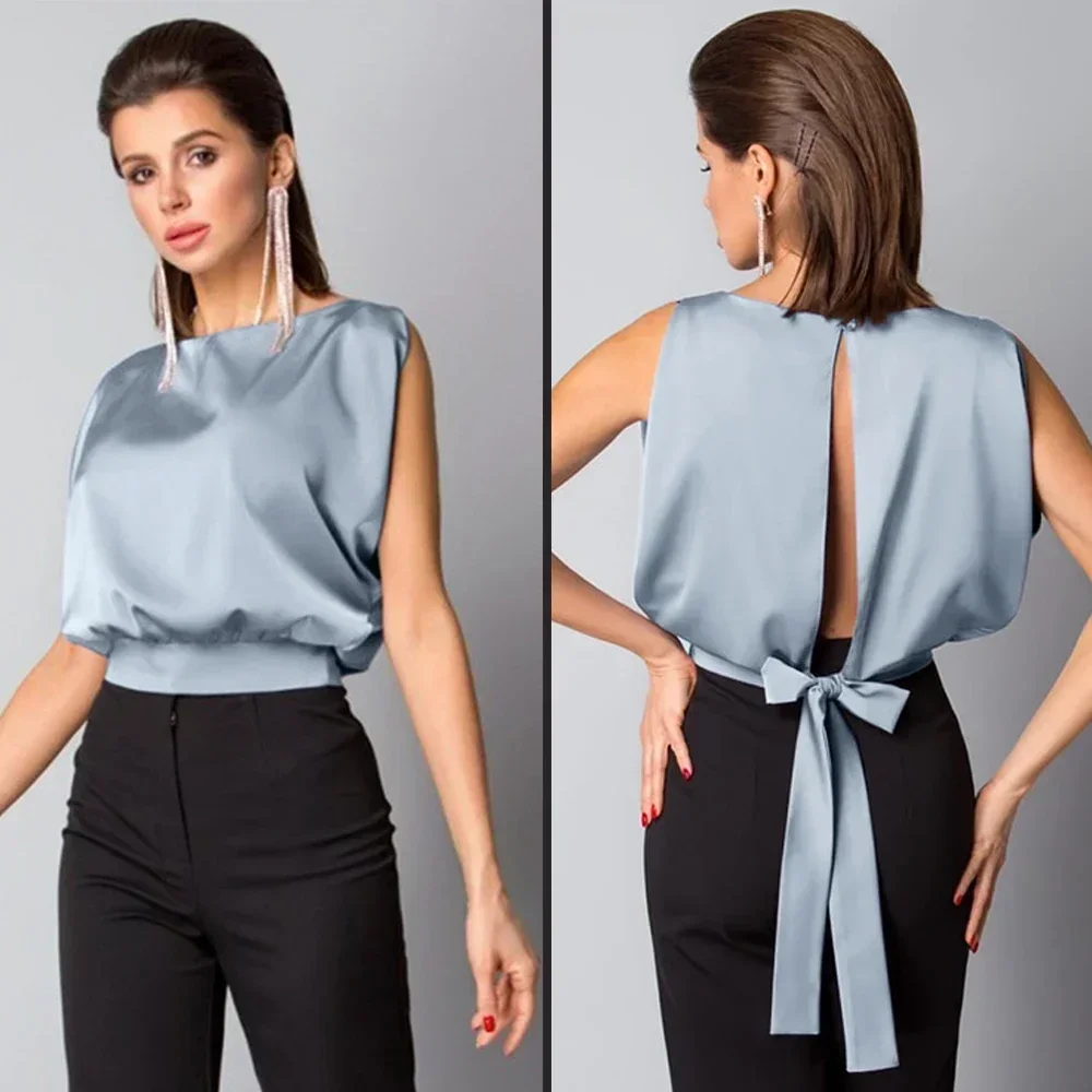 ZHUANQING Summer Satin Silk Sexy Elegant Womens Tops Blouses O- Neck Sleeveless Open Back Bow Tie Office Shirts Fall