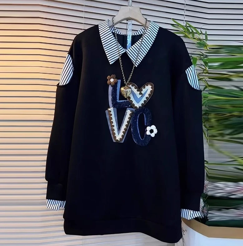 2023 Lente Herfst Nieuwe Plus Size Nep Twee Stukken Gestreepte Letter Losse Sweatshirt Mode Koreaanse Medium Lange Mouw Sweatshirts
