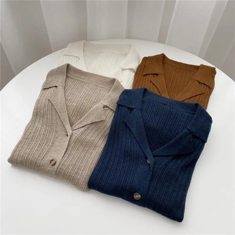 Autumn Winter Simplicity Turn-down Collar Cardigan Women Clothing Fashionable Buttons Solid Color Knitting Top Tee Ladies Tops